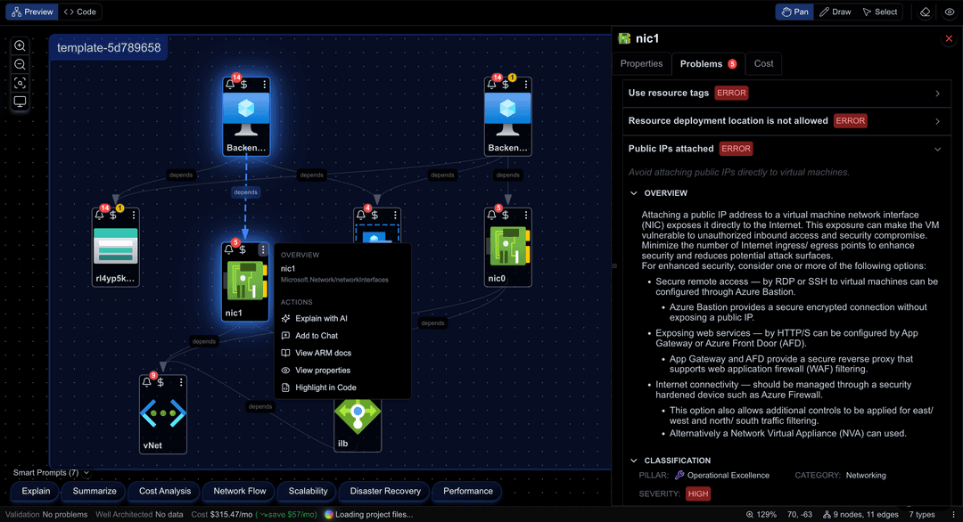 Cloudeval diagram properties panel with resource details