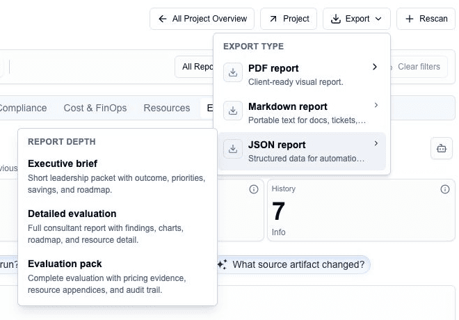 Report export formats and Executive brief, Detailed evaluation and Evaluation pack choices