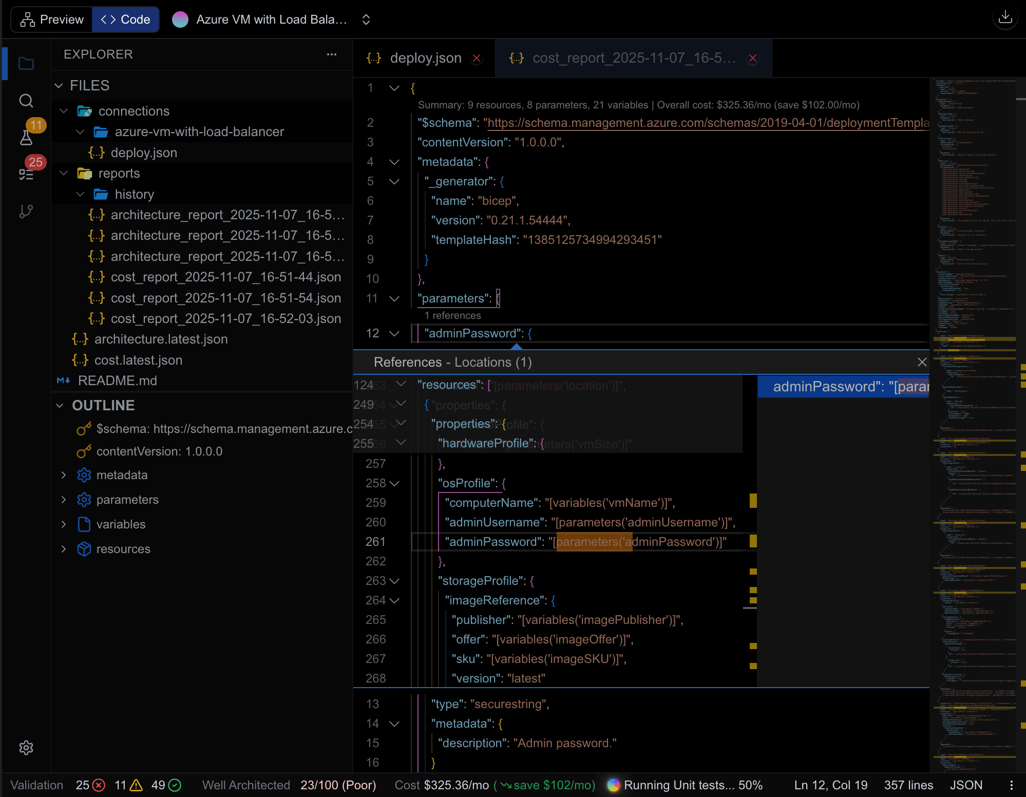Example Cloudeval source workspace with an ARM template, parameters and project report files
